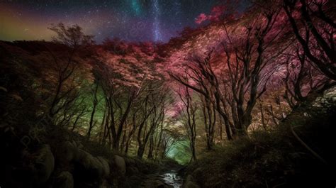 Fundo árvore Do Arco íris Sob O Céu Noturno Através Das Luzes Da