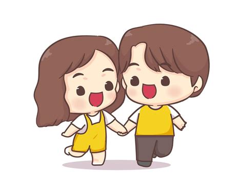 Cute Lovers Couple Walking Together Chibi Cartoon Character Happy Valentine Day 10405742 Vector