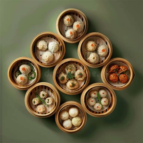 Assortment Of Delicious Dim Sum Dumplings In Bamboo Steamers Chinese