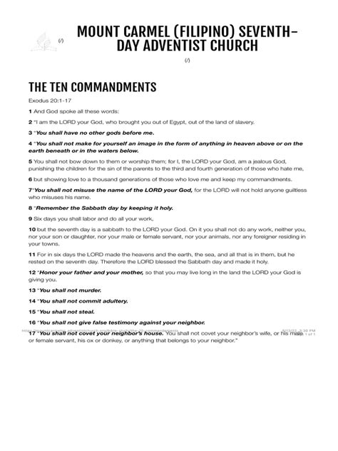 The Ten Commandments Mount Carmel Filipino Seventh Day Adventist