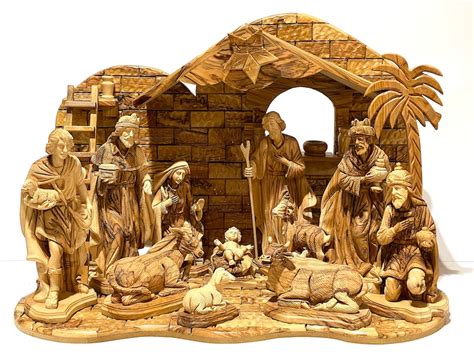 Unique Hand Carved Olive Wood Nativity Set Non Glued Facial Figures