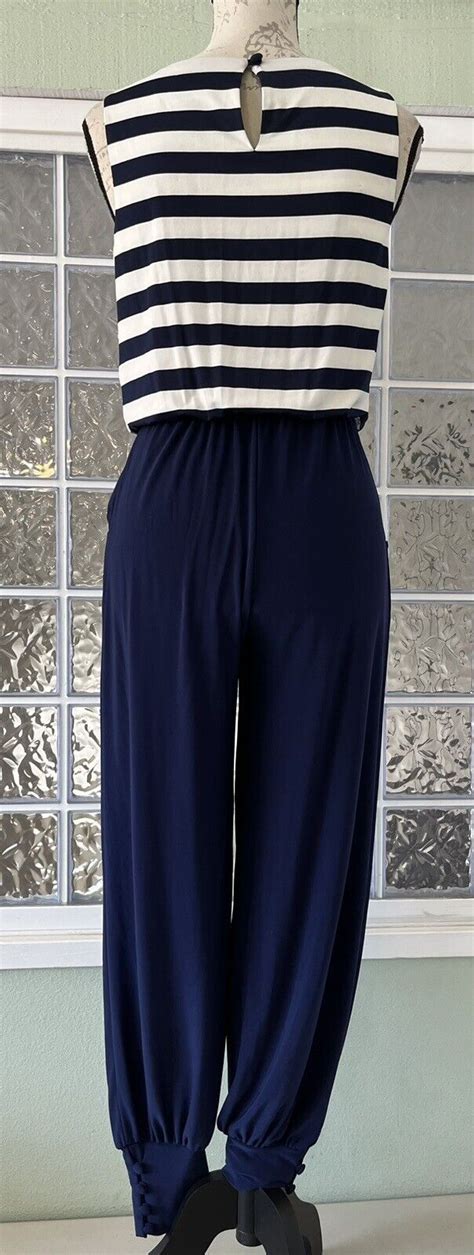 Nikki Poulos Womens Navy Blue White Jumpsuit Sleevel… Gem