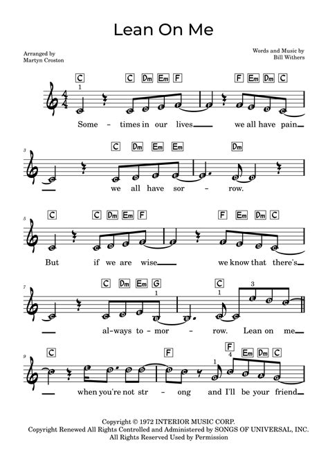 Lean On Me Arr Martyn Croston By Bill Withers Sheet Music For Easy