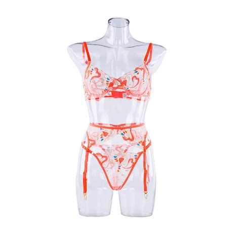 High Quality Transparent Three Piece Women Pink Lace Sexy Lingerie For Mature Women Garter Belt
