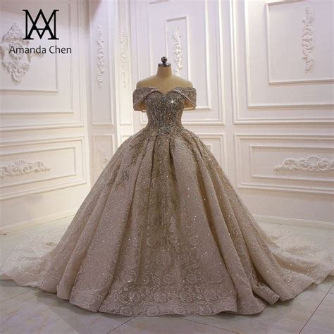 Amanda Novias Off Shoulder Crystal Beading Long Train Luxury Wedding Dress