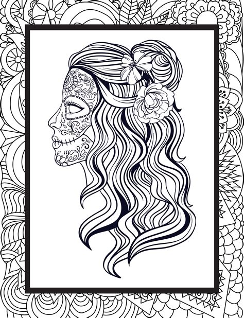 Female Sugar Skull Coloring Page For Adults Female Mexican Skull Color