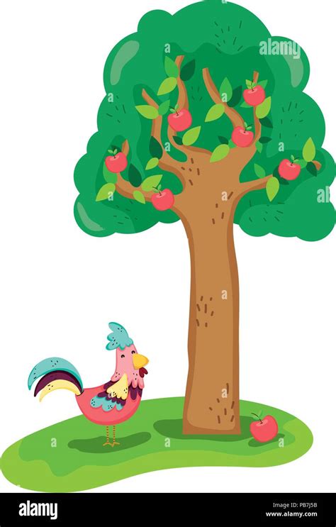 apple tree and rooster farm animal Stock Vector Image & Art - Alamy