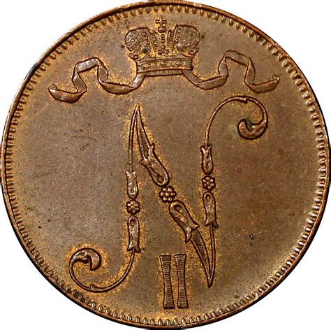 5 Pennia Finland Russian Nicolas II 1895 1917 Copper 1916 KM 15 20