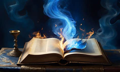 An Open Book On A Table Emits Flames Surrounded By Darkness Stock