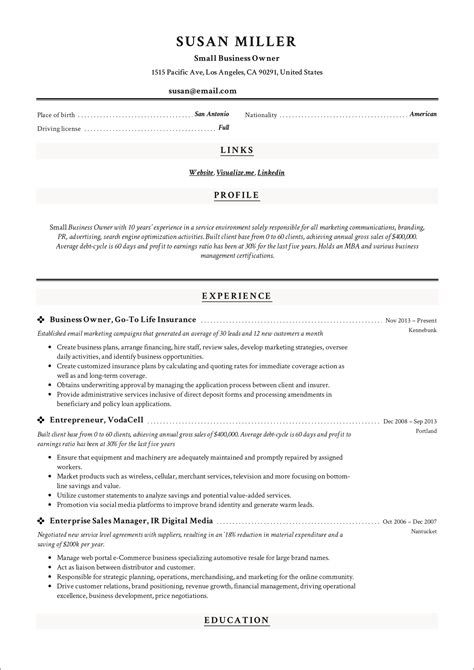 Small Business Owner Resume Job Description Resume Example Gallery