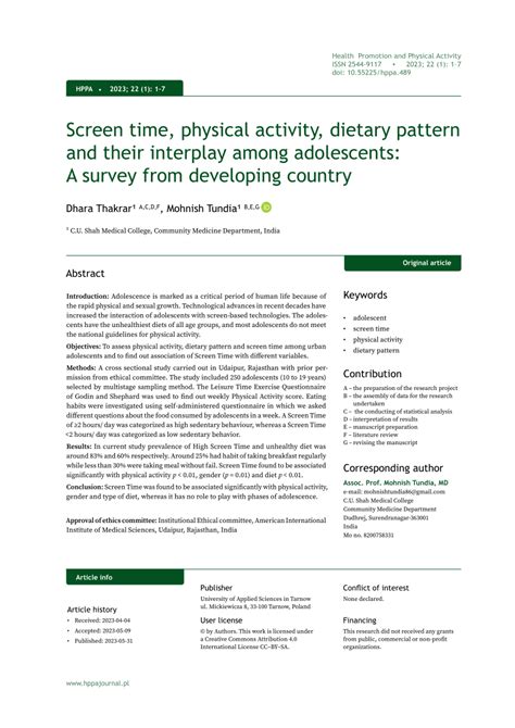 Pdf Screen Time Physical Activity Dietary Pattern And Their