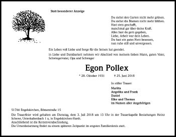 Traueranzeigen Von Egon Pollex WirTrauern