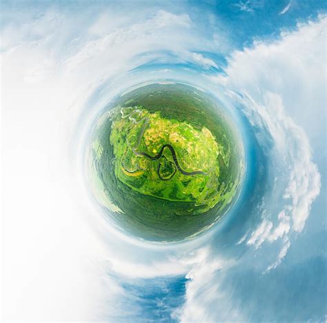 Aerial View Green Forest Woods And River Landscape In Sunny Summer Day