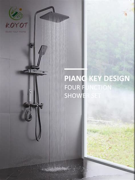 Koyot Gun Grey Black In Square Piano Key Design Hot And Cold Shower Head Set With Mixer