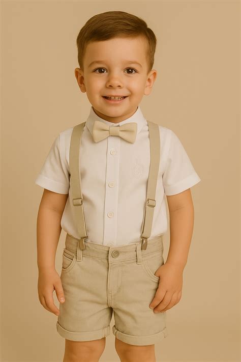 Conjunto Roupa Social Infantil Bermuda Nude E Camisa Branca Para Formatura Casamento E Festa