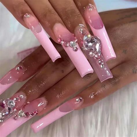 Pink French Tip Charm Bedazzled 24pcs French Acrylic Nails Etsy