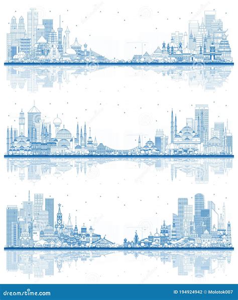 Outline Welcome To Turkey Russia And Indonesia Skylines With Blue