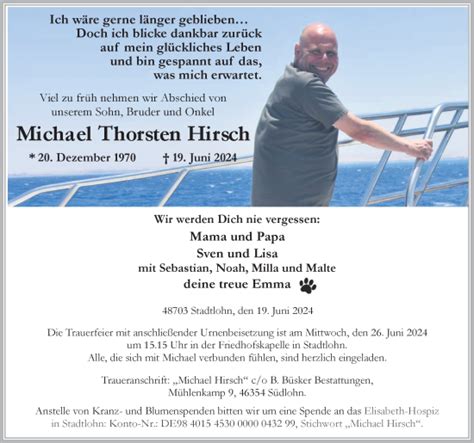 Traueranzeigen Von Michael Thorsten Hirsch Sich Erinnern De