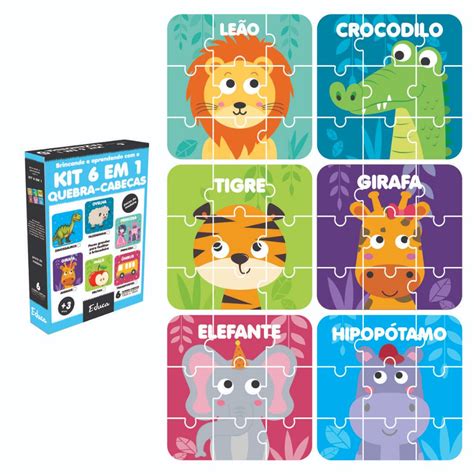 Joguinho Quebra Cabeça Infantil - Kit 6 Jogos Quebra Cabeça Animais Infantil em madeira Mdf 9 peças cada ...