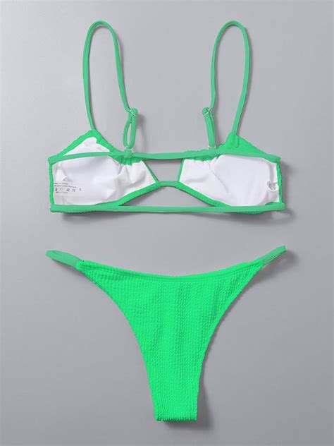 Emmiol Free Shipping 2024 Cutout Solid Smocked Bikini Set Green M In