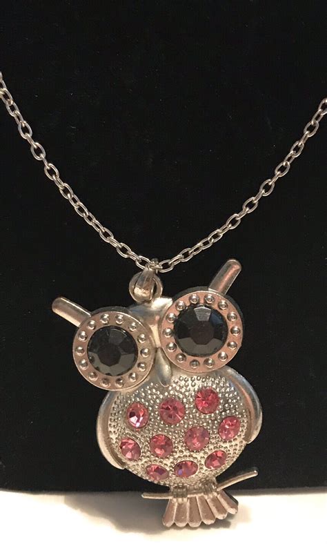 Silvertone Black Eye Owl Pendant Pink Rhinestones Body 30 Necklace