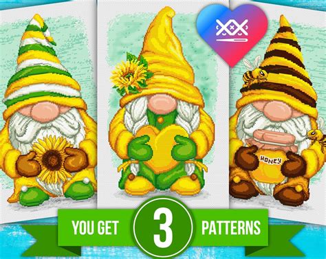 Set Of Three Summer Gnome Cross Stitch Patterns For Diy Home Etsy