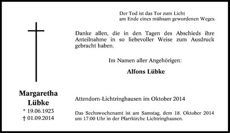 Traueranzeigen von Margaretha Lübke Trauer in NRW de