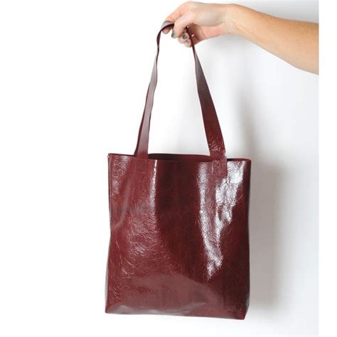 Crimson Red Varnished Leather Shopping Tote Bag With Two Pockets