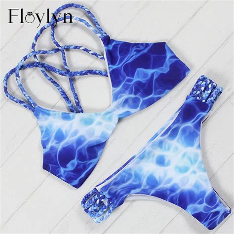 Floylyn Crochet Swimwear Women Sexy Push Up Bikini Set Geometric Print