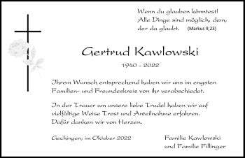 Traueranzeigen von Gertrud Kawlowski Schwarzwälder Bote Trauer