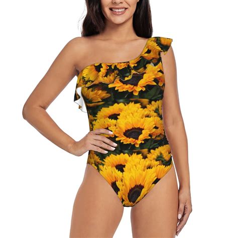 Fotbe Flower Bush Sunflower Womens One Piece Swimsuits One Shoulder Swimwear Ruched Tummy