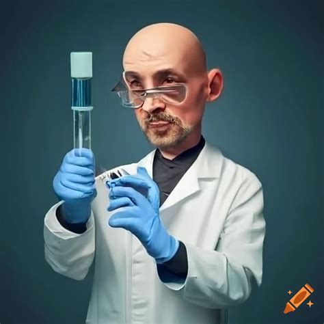 Mad And Bald Scientist Wearing A White Lab Apron And Black Gloves