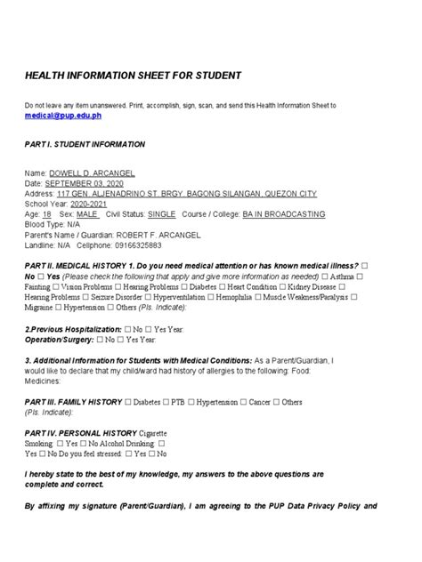 Health Information Sheet For Student Pdf