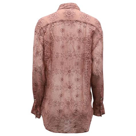 Ann Demeulemeester Sheer Eyelet Long Sleeved Shirt In Pink Silk Ref