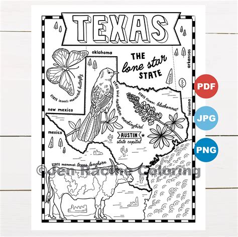 Texas Coloring Page United States State Map Wildlife State Etsy Ireland