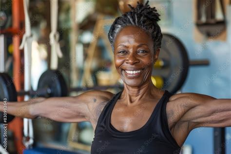 Smiling Mature Woman Proudly Displaying Her Fitness As An Instructor In