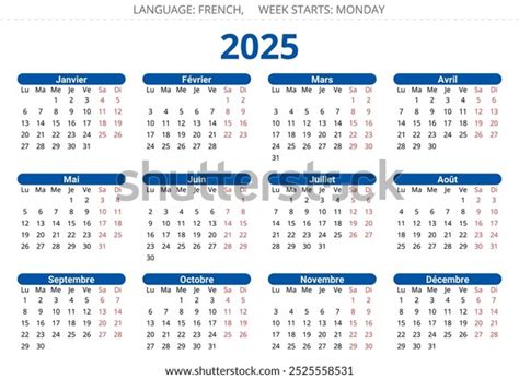 2025 French Calendar Printable Editable Simple Stock Vector (Royalty ...