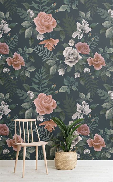 Dark Green & Pink Floral Wallpaper Mural | Hovia UK | Floral wallpaper, Mural wallpaper, Striped ...