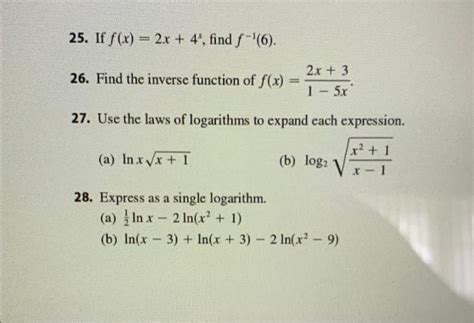 Solved 25 If F X 2x 4x Find F−1 6 26 Find The Inverse