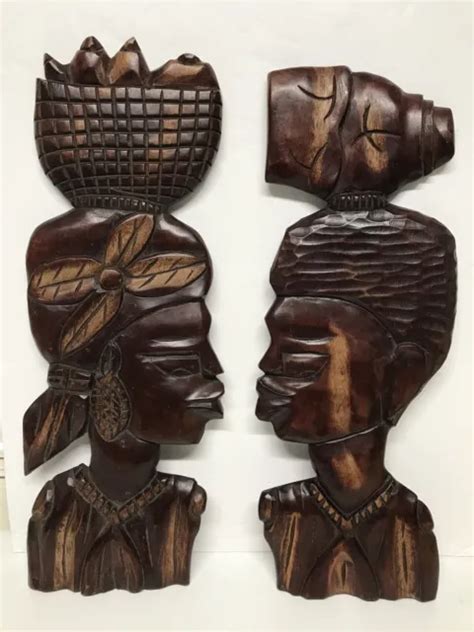 Art Mural Tribal Africain Tiki Homme Femme Plaque De Bois Sculpt E La