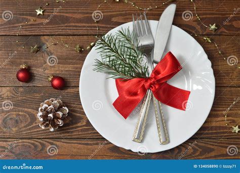 Christmas Table Setting Christmas Dinner Plate And Cutlery Stock Photo