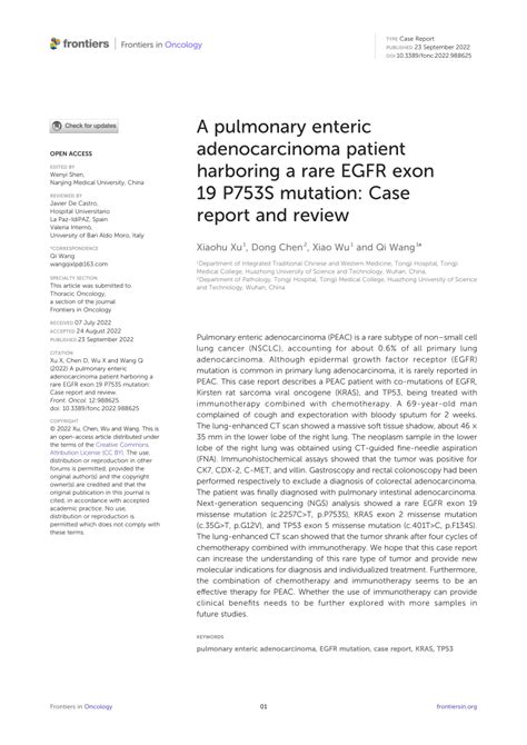 Pdf A Pulmonary Enteric Adenocarcinoma Patient Harboring A Rare Egfr Exon 19 P753s Mutation