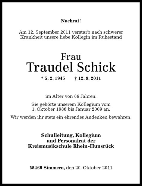 Traueranzeigen Von Traudel Schick Rz Trauer De