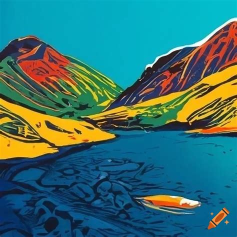 Colorful Linocut Artwork Of Snowdonia On Craiyon