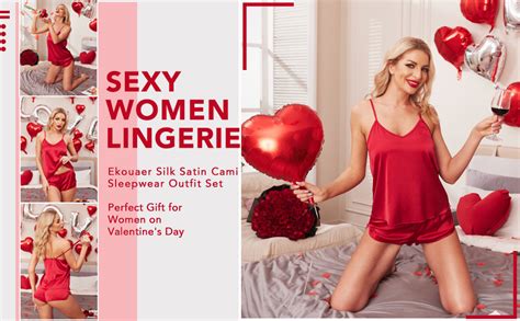 Ekouaer Sleepwear For Womens Sexy Pajama Set Camisole Short Sets Lingerie Satin Pjs Sleep Cami