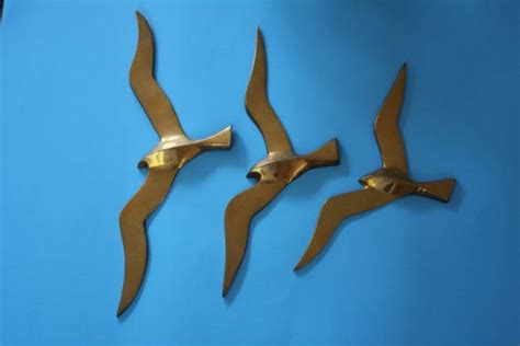 Set Of 3 Vintage Solid Brass Birds In Flight