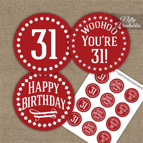 31st Birthday Cupcake Toppers - Red White Impact - Nifty Printables