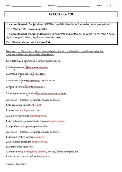 Cod Coi Compl Ment Dobjet Direct Indirect Cm Cm