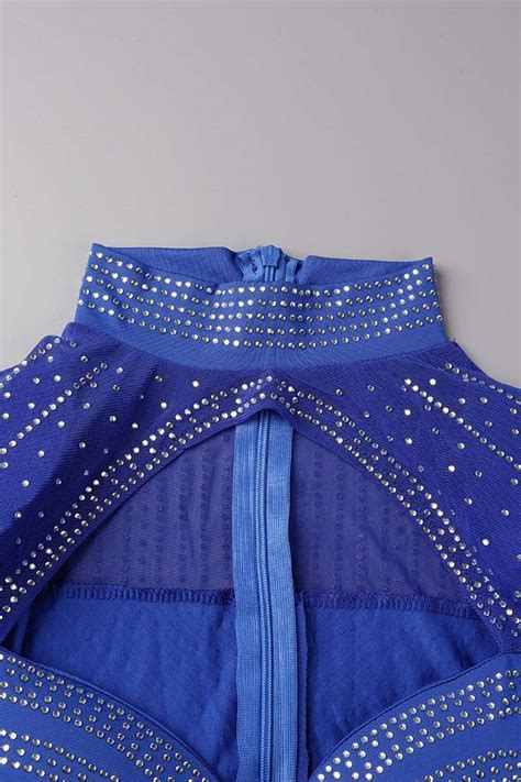 Wholesale White Sexy Patchwork Hot Drilling Hollowed Out Half A Turtleneck Long Sleeve Dresses