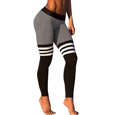 Photno Women Fitness Yoga Leggings High Waist Stripe Patchwork Skinny